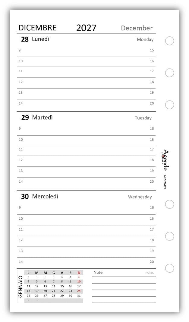 Agenda Organizer Settimanale 2027 Bilingue Bianco 9,5x17cm 90gr 2 Pagine per Settimana