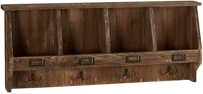 47th & Main Rustic Wood 4-Hook Wall Shelf, 31" L x 5" W x 13" H, Dark Finish