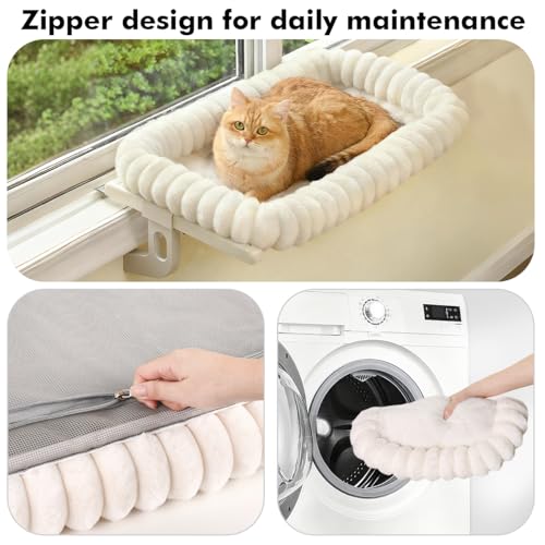 Image of Cloud-Cuddle Cat Window Perch with 4-Sided Bolster, Zipper Design Cushion Window Seat for Window Sill, Sturdy Metal Frame & Easy Assembly Pet Hammock Bed for Indoor Cats (White, Medium)