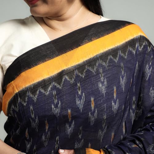 Image of Ikat Women's Pure Cotton Saree Traditional Craftsmanship Double Ikat Weaving Floral Handmade Ethnic Saree without Blouse Piece