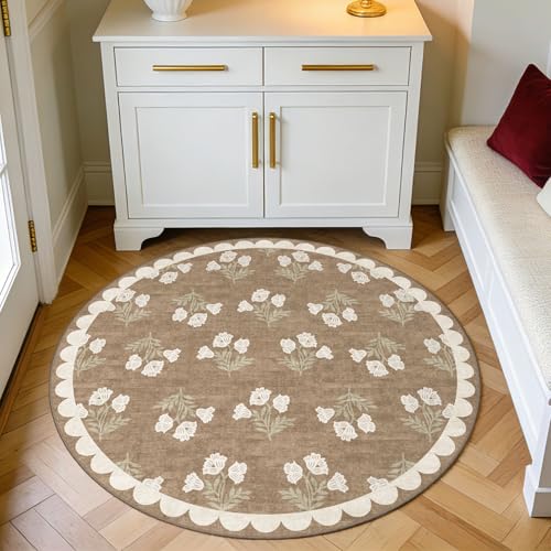Othilic Tan 3ft Round Rug for Entryway - 3x3 Small Washable Floral Neutral Farmhouse Scalloped Round Rug for Bedroom Non Slip Front Door Mat Indoor Stain Resistant Circle Rugs for Bathroom Kitchen