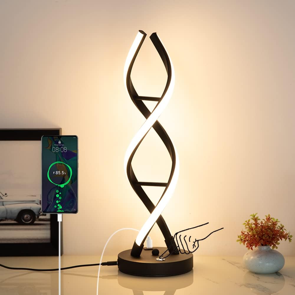 LED Modern Table Lamp, Stepless Dimmable Spiral Table Lamps for Bedroom, 3 Colors Touch Control Bedside Nightstand Lamp with 1 USB Charging Ports, Desk Lamps for Living Room Office (Black)
