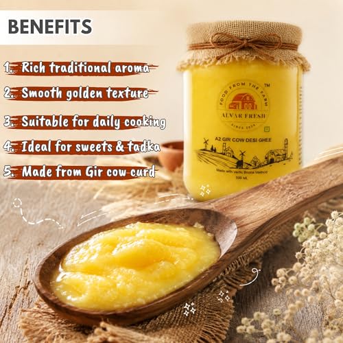 Image of Alvar Fresh A2 Gir Cow Desi Ghee 500ml | Traditional Vedic Bilona Method | Pure Cultured Ghee from Gir Cow Milk | Natural Aroma & Rich Taste | Premium Glass Jar Packaging