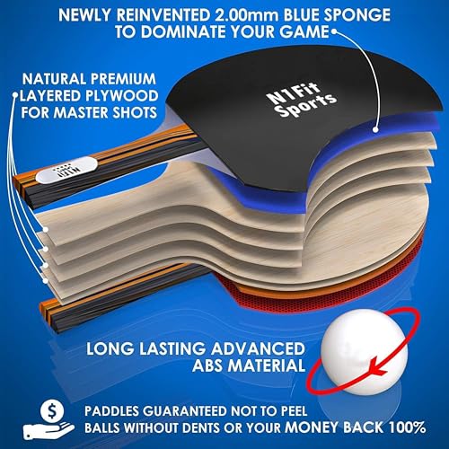 Raquettes de ping-pong (kit complet de 4) avec filet rétractable et étui