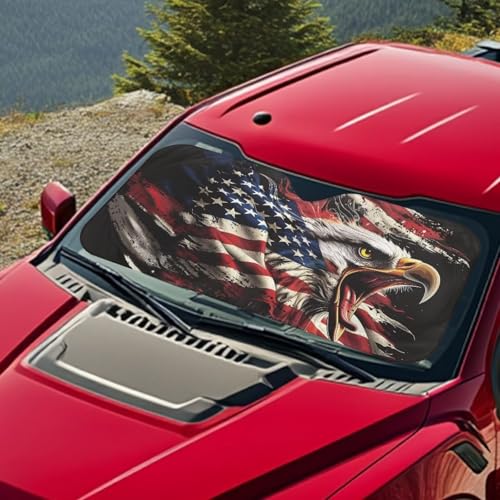 Image of Car Windshield Sun Shade Bald Eagle American Flag Sunshade Visor Windshield Cover Auto Sun Heat and UV Rays Blocker, Universal Fit Most Cars Women Men, Easy to Install
