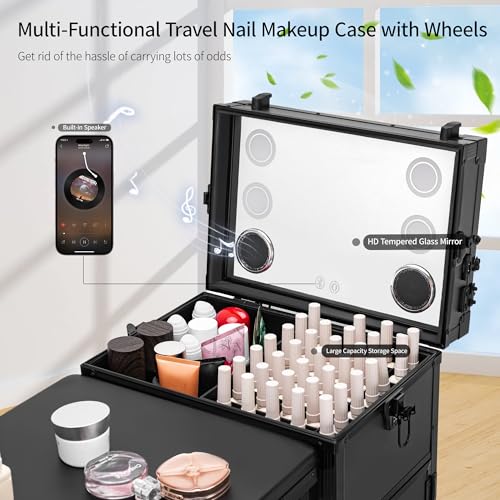 Rolling Manicure Table Foldable Nail Desk 4 Drawers, Makeup Organizer Blueteeth Speaker on Wheels, Travel Makeup Case with LED Mirror TSA Lock for Technician Workstation Salon