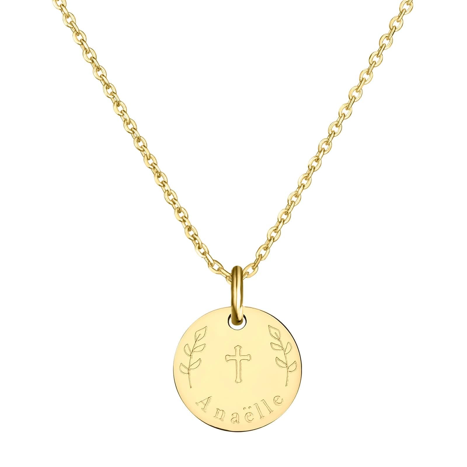 Collier personnalisé baptême, dessin "Croix & Rameaux", plaqué or - Idée cadeau pour Noël - Anniversaires - Baptême - Communion