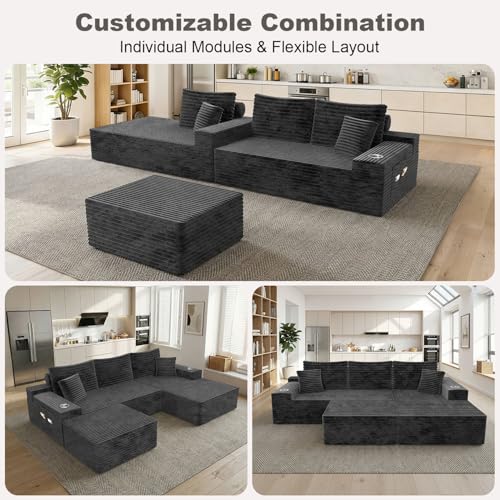 Image of Cloud Modular Sectional Couch with Ottoman, Comfort U Shaped Sofa Built-in Cup Holder & Storage Pocket for Living Room Bedroom, No Assembly Required (Dark Gray, Left Facing Chaise)