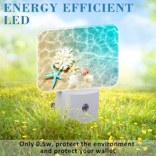 Image of Starfish Coral and Seashell Plug in Night Lights, Beach in Sea Water Nightlight Plug Into Wall Dusk to Dawn Sensor for Kid Girls Boys Women Men Room, Hallway, Kitchen, Bathroom, Stairs Decor