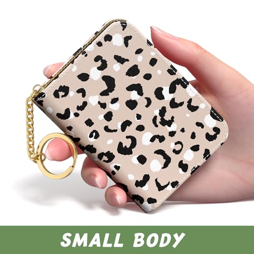 Image of Aiawoxc Credit Card Holder, Small RFID Wallet Slim Leather Card Organizer Case with Zipper and Keychain, Beige Leopard Print