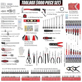 TEENO Cassetta Attrezzi | 1000 Pezzi Set Attrezzi da Lavoro Completo | Cassetta degli Attrezzi | Kit Attrezzi con Valigetta in Alluminio, Ruote e Manico Telescopico | Riparazioni per Casa e Garage