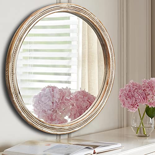 Round Wooden Mirror Bathroom Mirrors - 30'' Decorative Wall Mirror For Entryway, Bedroom, Foyer, Fireplace Distressed Circle Mirror -Rustic Hanging Mirrors #TOP3