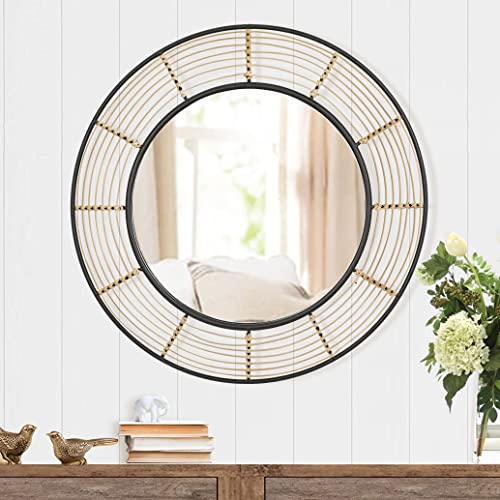 RiteSune 28 Inch Round Rattan Wall Mirror, Black Metal Frame Decorative Mirror, Fit for Bathroom, Vanity, Living Room, Bedroom, Entryway