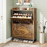 GRUSIGN Shoe Cabinet, Shoe Storage Cabinet with 2 Flip Drawers & Adjustable Shelf, Space-Saving Shoe Organizer – Holds 12+ Pairs, Narrow Shoe Cabinet Storage for Entryway/Hallway（Brown）