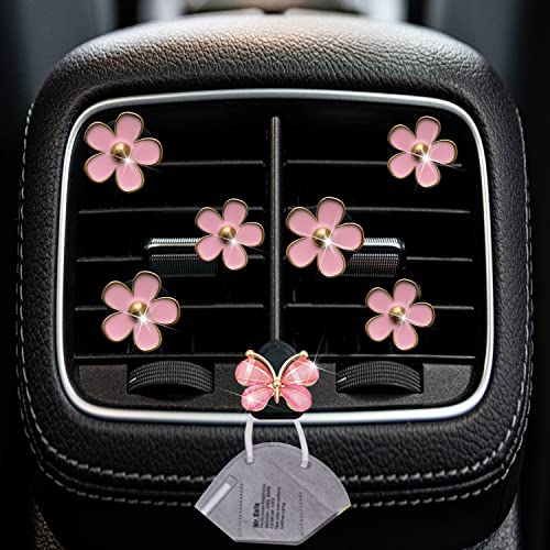Image of Pink Daisy Air Vent Clips, 6 Pcs Cute Flower Car Air Fresheners Vents Clips Car Diffuser Vent Clip Car Interior Decor Charm Cute Car Accessories Car Decoration for Women + Cute Butterfly Mask Hook