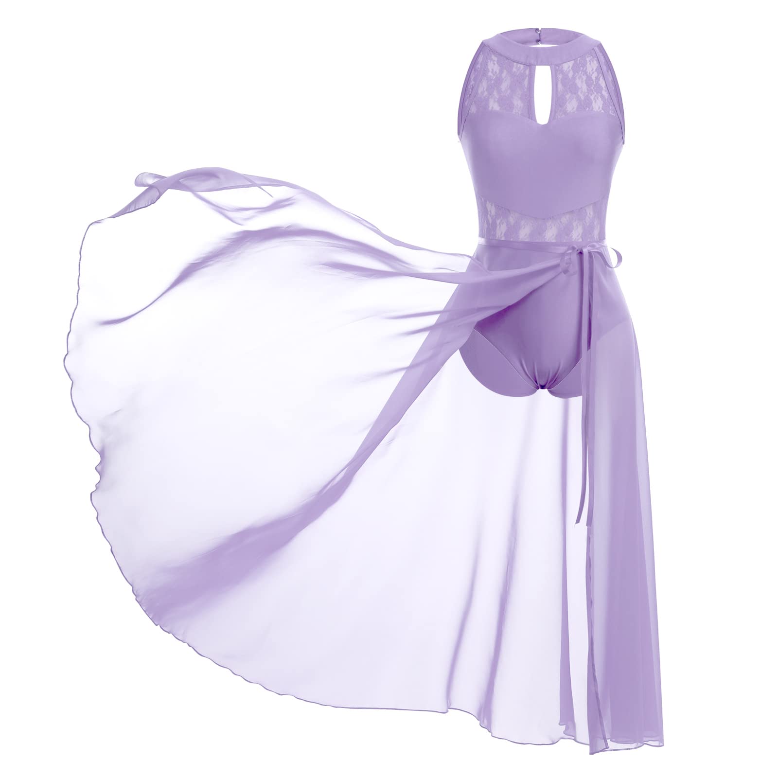 OdizliWomen Lyrical Dance Costumes Sleeveless Halter Neck Lace Hollow Out Ballet Leotard+Tulle Wrap Skirt Long Flowy Dress