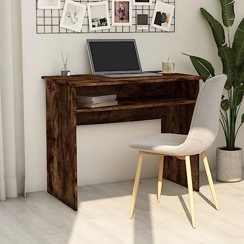 SooIarix Escritorio de madera de roble ahumado, 90 x 50 x 74 cm, mesa estable para ordenador con compartimento de almacenamiento, muebles para estudio y gaming, escritorio de PC