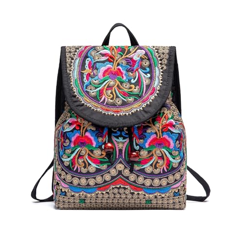 levayhill Mochila feminina vintage bordada étnica - bolsa de ombro com flores, bolsa moderna pequena com cordão casual para viagem (mochila bordada)