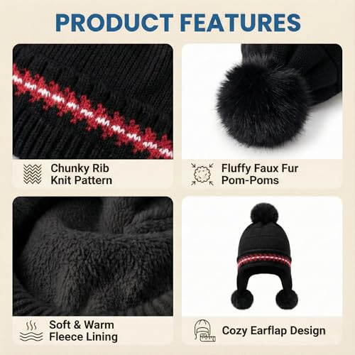 Image of Kraptick Children's Winter Cap: Velvet Thick Warm Woolen Knit Hat with Ear Protection for Children Stylish Korean Beanie with Long Pompom Ears & Fleece Lining Perfect for Winter -4
