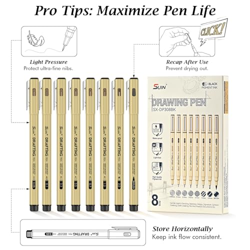SUIN 8-teiliges schwarzes Fineliner-Stifte-Set, wasserdichte Archivtinte für technische Zeichenstifte (0,05 bis 2 mm + Pinsel) für Kunst, Skizzieren, Bullet Journaling, Illustration & Schreiben