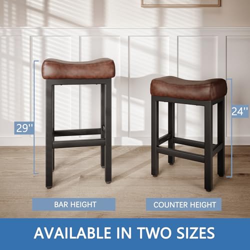 Image of 29 Inch Bar Height Bar Stools Set of 2, 29 inch Barstools for Kitchen Island Counter, Backless Bonded Leather Bar Height Stools with Thick Saddle Seats & Heavy Duty Metal Base, Easy Assembly, Brown /Black