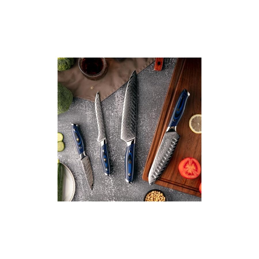 Seido Knives 4-Piece Kanpeki VG10 Damascus Steel Knife Set - Professional Chef Knife Set with Blue Handle - Includes Chef Knife, Santoku Knife, Boning Knife, and Paring Knife