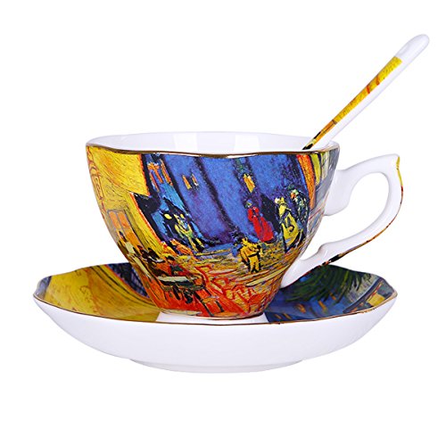 Vincent Van Gogh Bone China Tea Cup and Saucer Set With Gift Box, 8-Ounce Art Coffee Mugs Set (Set of 6)