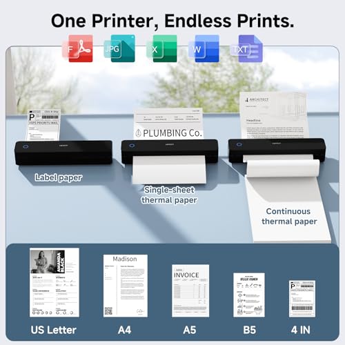 Image of HPRT Inkless Portable Printer Wireless for Travel,Thermal Printer MT610,203 DPI,Black Thermal Printer Paper 8.5 x 11 Inch US Letter,200 Sheets