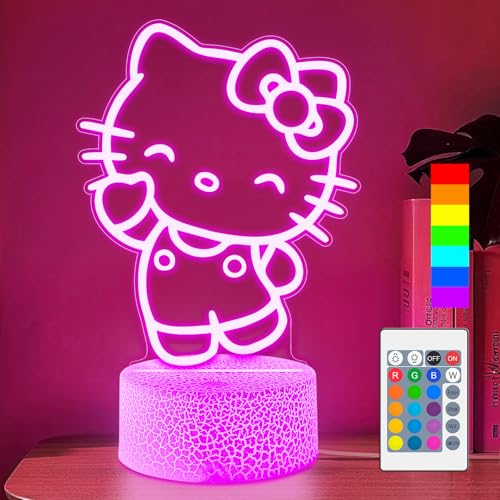 Wafinkeng Cute Night Light for Kids - Anime Charater Kitty Cat Decor Lamp with 16 Colors Change Remote Dim Control 3D Illusion LED Night Lights for Kids Gifts Party Birthday Decoration