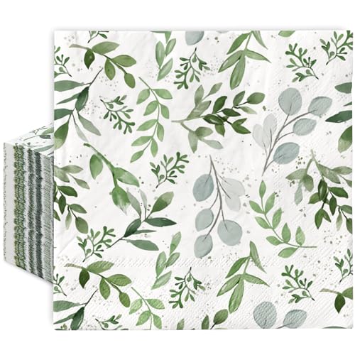 JarThenaAMCS 80Pcs Greenery Cocktail Beverage Napkins Spring Green Eucalyptus Leaves Disposable Paper Napkins for Dinner Wedding Bridal Baby Shower Tea Garden Party Supplies