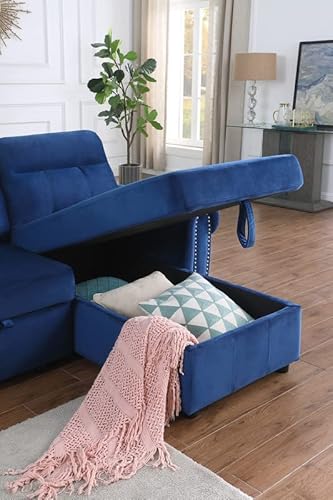 Cobh Blue Contemporary Reversible Sleeper Sectional Sofa Chaise In Velvet Fabric #TOP4
