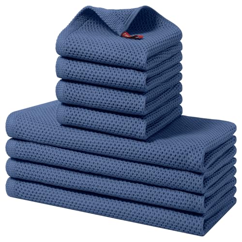 Homaxy 100% Cotton Kitchen Towels and Dishcloths Set, 12 x 12 Inches and 13 x 28 Inches, Set of 8 Bulk Kitchen Towels Set, Ultra Soft Absorbent Dish Cloths for Washing Dishes, Navy Blue