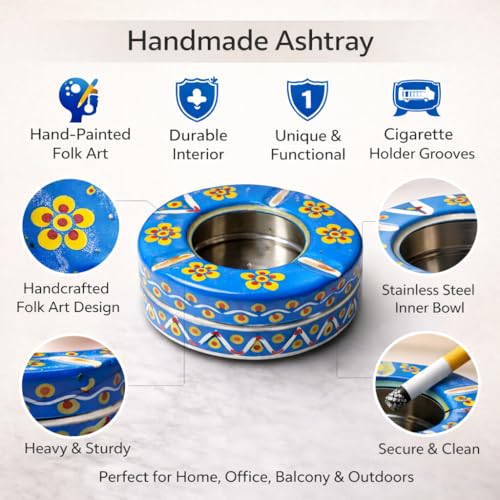 Image of iHandikart Handpainted Ash Tray 4x2 Inch | Metal Ashtray for Home, Table & Car Use | Multicolour Decorative Ashtray | Handmade Smoking Accessories for Indoor & Outdoor Use(Blue)