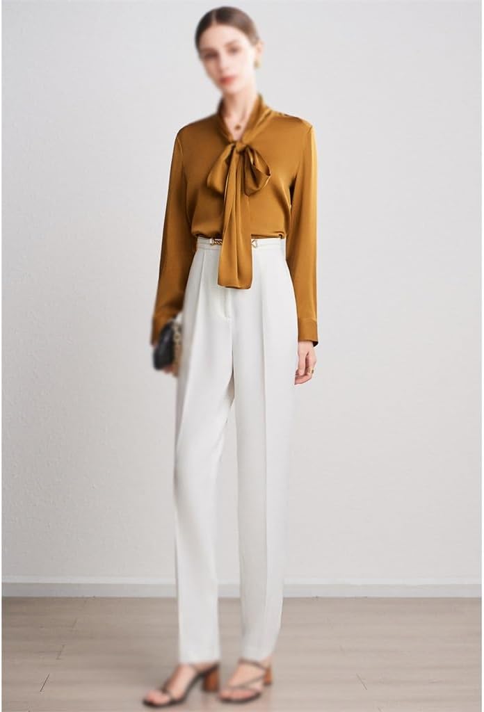 Long Sleeved Top Silk Shirt, Women's Ribbon Spring and Silk Tie Up Shirt