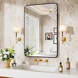 Black Metal Framed Bathroom Mirror for Wall, 30X22 Inch Rounded Rectangle Mirror, Matte Black Bathroom Vanity Mirror Farmhouse, Anti-Rust, Hangs Horizontally or Vertically