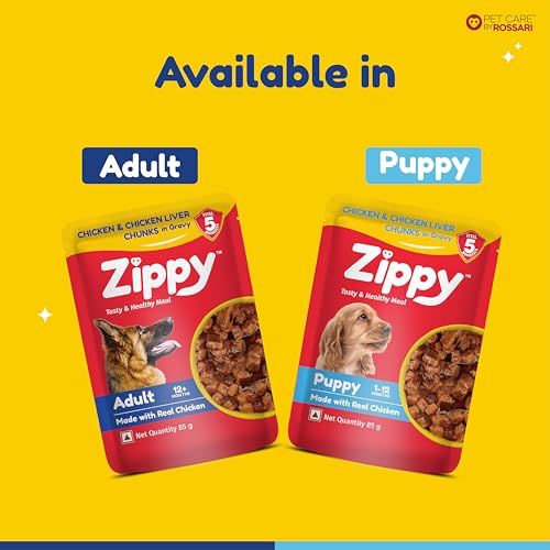 Image of ZIPPY 1-12 Month Puppy Dog Food 4080g, Pack of 48 (85g Each Pack) Chicken & Liver Chunks in Gravy of Real Chicken | Gravy Meal Helps Strengthen Dog's Immune System | Maintaining Strong Bones & Teeth
