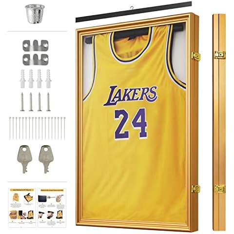 Jersey Display Frame Case Shadow Box with UV Protection 36’’×28’’Jersey Display Frame Case Lockable Shadow Box Frame for Baseball Basketball Football Soccer Hockey Sport Shirt and Uniform,Gold Cover