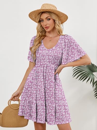 Image of UEAL Womens Cute Floral Smocked V Neck Flutter Sleeve Sundress with Pockets Casual Spring Summer Dresses for Women 2026