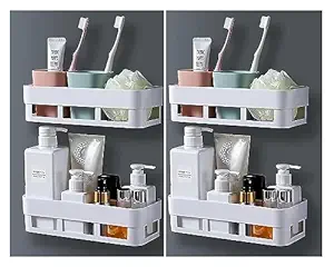 COSTEM Wall Shelves Kitchen Bathroom Shelf Self-Adhesive Sticker Hook Multipurpose Wall Holder Bathroom Storage Rack Box Strong Shower Rack Shelf (4 Bathroom Shelf) Plastic