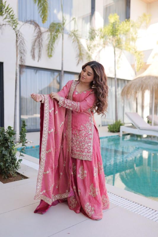Image of Women's Embroidered Kurta Sharara Set with Dupatta | Designer Indian Ethnic Suit | Festive, Wedding, Engagement & Party Outfit for Women