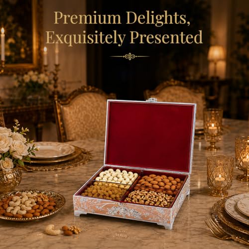 Image of Diviniti Decorative Silver Embossed Dry Fruit Box with 4 Compartments | Premium Golden Designer Storage Box for Dry Fruits, Nuts, Chocolates & Sweets | Elegant Home Decor & Festive Gift Box
