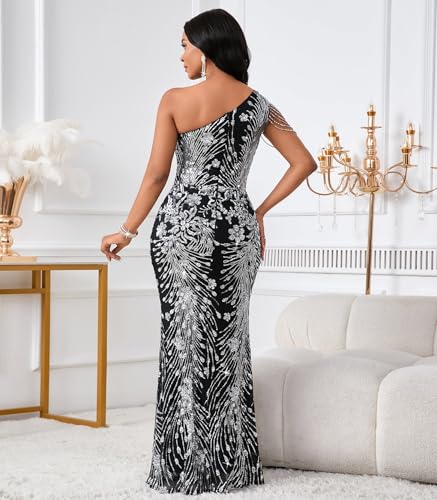 Image of Cololura Women Sequin Elegant Sexy One Shoulder Tassel Mermaid Bodycon Cocktail Evening Dress