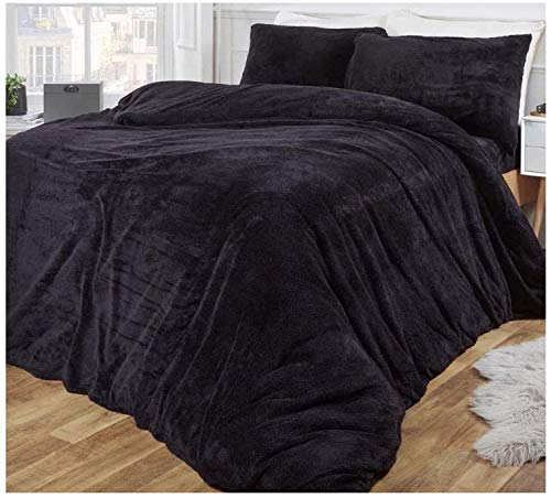 E4Emporium Luxurious Teddy Fleece Duvet Cover - Fluffy Thermal Super Soft Warm and Cosy Quilt Cover Including Matching Pillowcases (Double Duvet Set, Black)