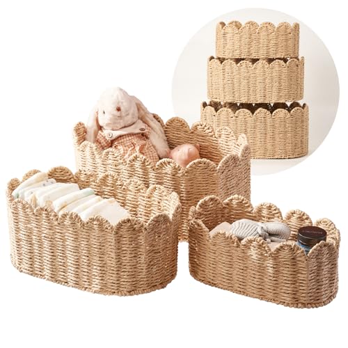 Scalloped Basket Set of 3, Wicker Storage Baskets - Hand-Woven