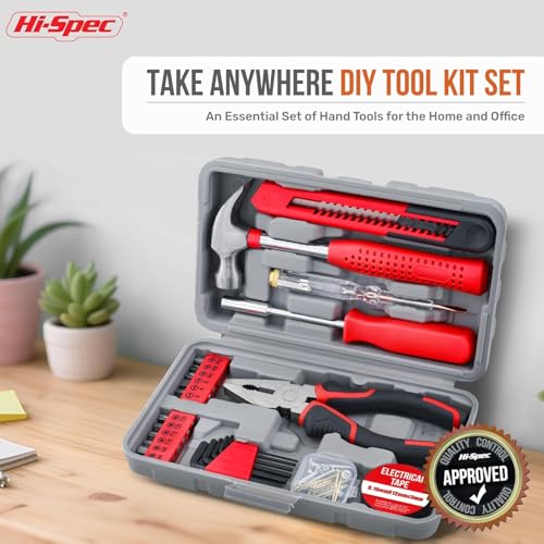 Image of Hi-Spec 25-Piece Small Tool Kit with Knife and Hex Key Included: Basic Essential Tool Set for Home, Office, and College (Red)