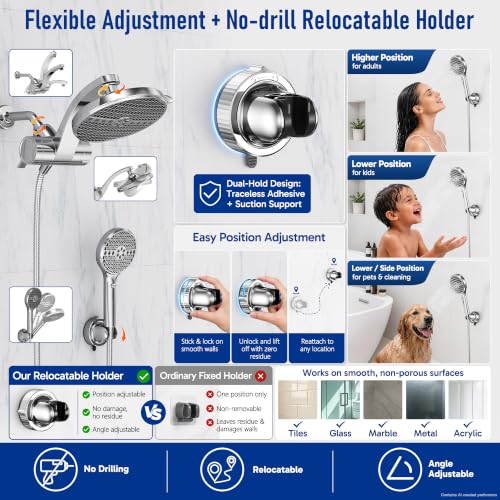 Image of Veken Filtered Shower Head with Handheld, Multi-pattern Rain Showerhead Set | High Pressure Power Wash, Dual Showerheads Combo with One Filter, 9-Function Hand Held Sprayer, Detachable, Chrome