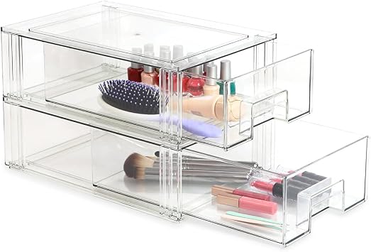 Isaac Jacobs Medium Stackable Organizer Drawer (12.5 x 8.3 x 4.1), Clear Plastic Storage Box, Pull-Out Bin, Home, Office, Closet & Shoe Organization, BPA-Free, Food/Fridge/Freezer Safe (Medium)