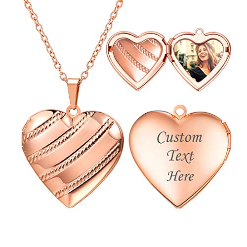 U7 Memorial Photo Locket Necklace Women Rose Gold Plated Stripe Heart Pendant with Chain 20 Inch
