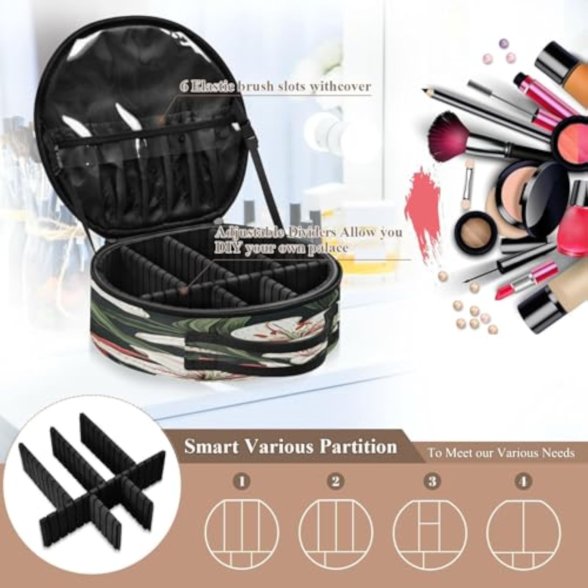 Lilies in Black Travel Makeup Case, Portable Makeup Box
