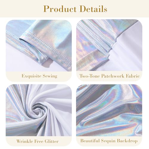 Image of Rainbow White Arch Covers 7.2 and 6ft Sequin Sparkly Birthday Party Arch Backdrop Covers Set of 2 Spandex Shimmer Balloon Arch Stand Cover for Wedding Bridal Shower Baby Shower Photo Arches Background